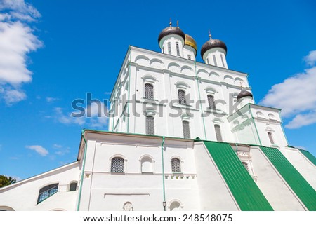 Classical Russian ancient religious architecture example. The Trinity Cathedral located since 1589 in Pskov Krom or Kremlin. Orthodox Church