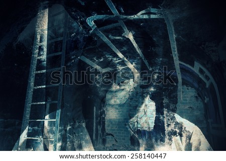 Abstract horror background, abandoned dark room with ghost of dangerous man in hood. Double exposure photo effect