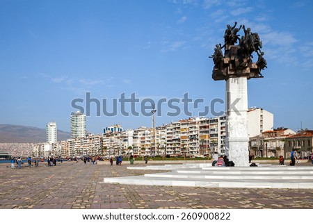 Izmir, Turkey - February 5, 2015: Gundogdu meydani monument on the coast of Izmir bay, Turkey