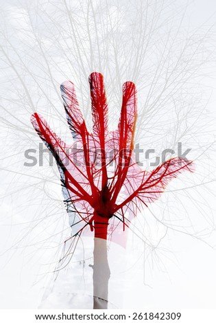 Double exposure abstract ecological conceptual photo collage, red male hand and leafless tree pattern