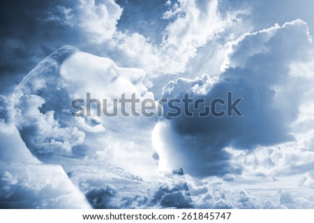 Double exposure abstract heaved conceptual photo collage, happy man profile portrait and bright blue cloudy sky background