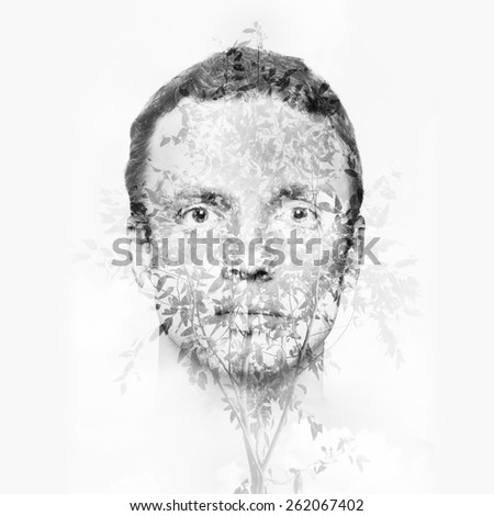 Double exposure monochrome abstract conceptual collage, man face and small tree leaves pattern