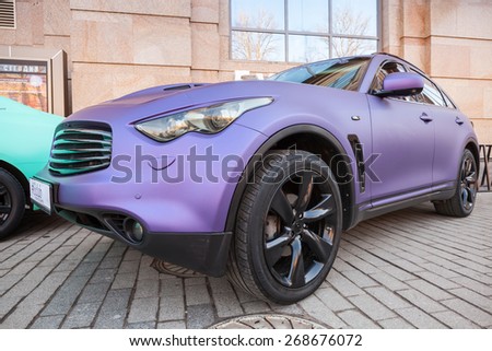 Saint-Petersburg, Russia - April 11, 2015: Infinity rx 37 car with purple matte paintings stands parked on the street