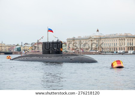 Saint-Petersburg, Russia - May 7, 2015: Russian Navy, Submarine Vyborg stands moored on the Neva River in anticipation of the military parade of naval forces. Project 877 Paltus