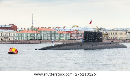 Saint-Petersburg, Russia - May 7, 2015: Russian Navy, Submarine Vyborg stands moored on the Neva River in anticipation of the military parade of naval forces. Project 877 Paltus