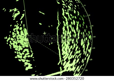 Closeup detailed fragment of ship navigation radar screen, macro photo with selective focus and visible pixels pattern