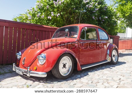 Porvoo, Finland - June 12, 2015: The very last Volkswagen Beetle modification is parked on the street of Porvoo