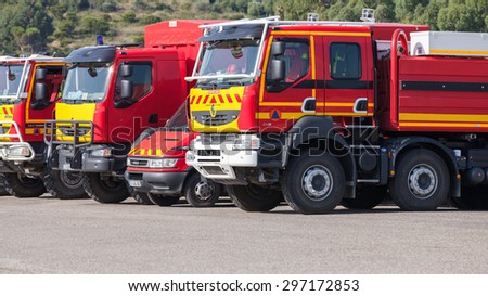 Propriano, France - July 4, 2015: Renault trucks of French civil security military formations stands in a row. French Government civil defence agency transport on parking