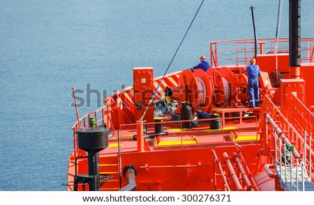 Bow fragment with equipment of Red Liquefied Petroleum Gas tanker