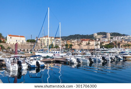 Moored yachts and pleasure boats in port of Ajaccio, Corsica island, France