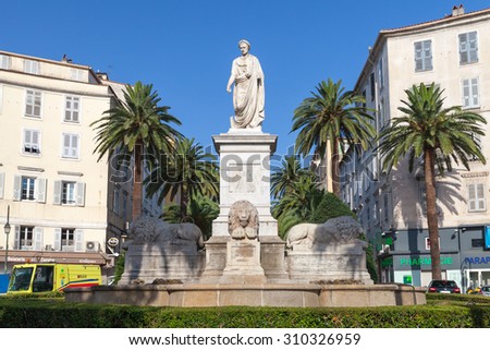 Ajaccio, France - July 7, 2015: Statue of Napoleon Bonaparte in Roman garb, historical center of Ajaccio