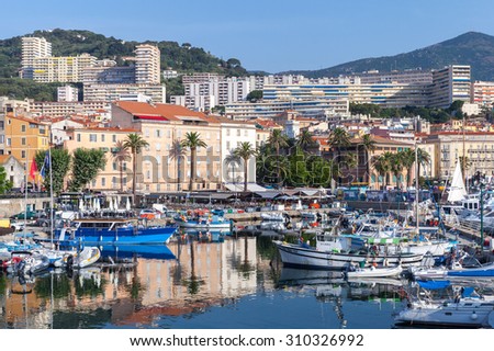Ajaccio, France - July 7, 2015: Moored yachts and pleasure boats in Ajaccio port, Corsica island, France