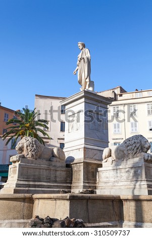 Ajaccio, France - July 7, 2015: Statue of Napoleon Bonaparte in Roman garb, historical center of Ajaccio. Corsica, France