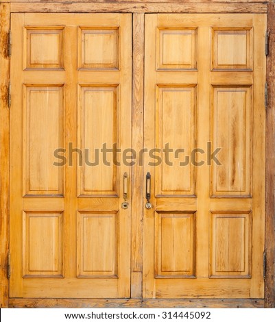 Closed old wooden door, classical architecture background texture