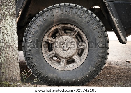 Dirty car wheel stands on rural road near tree
