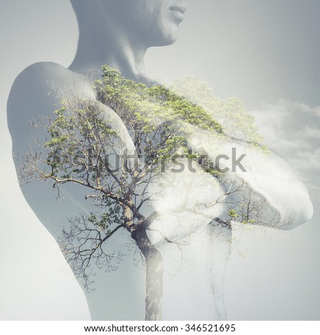 Strong sporty young man torso combined with green tree as lungs, double exposure photo