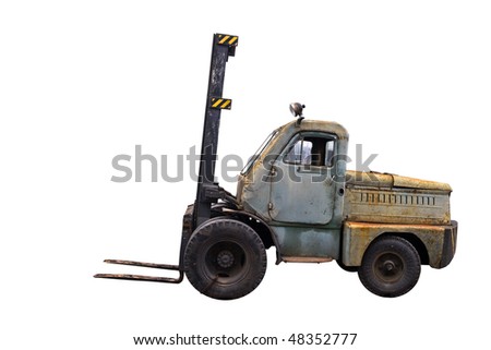 Old rusted Forklift Truck. Photo isolated on white background