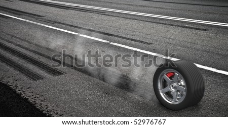 Emergency braking wheel with smoke on the highway. 3d render illustration.