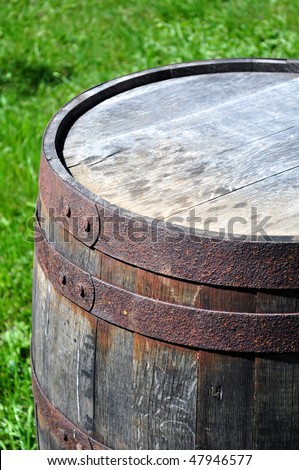Detail of rusty metal on wood barrel.