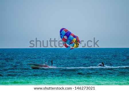 paragliding in the clear sky above the sea