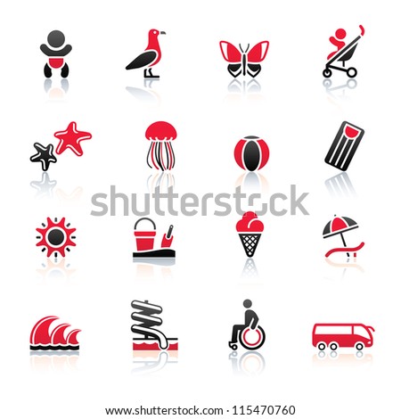 Tourism, Recreation & Vacation, icons set. Sport, Travel with reflection