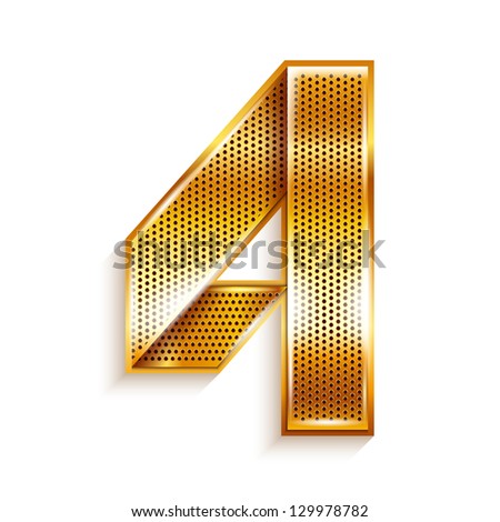 Arabic numeral folded from a metallic perforated golden ribbon  - Number 4 - four