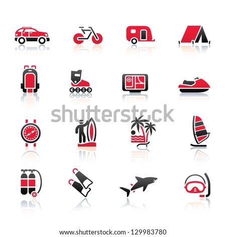 Vacation, Recreation & Travel, icons set. Sport, Tourism with reflection