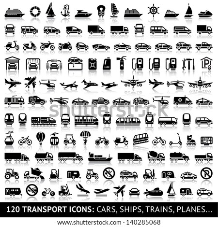 120 Transport Icon With Reflection: Cars, Ships, Trains, Planes..., Vector Illustrations, Set Silhouettes Isolated On White Background.