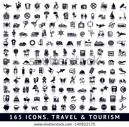 165 Icons. Travel And Tourism With Reflection