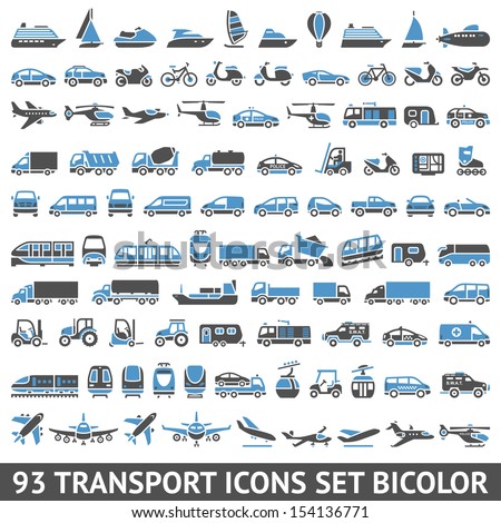 93 Transport icons set bicolor (blue and gray colors), vector illustrations, silhouettes isolated on white background
