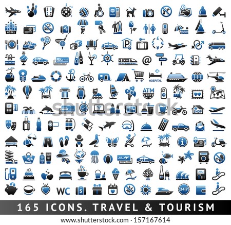 165 Bicolor Icons. Travel And Tourism, Blue Symbols
