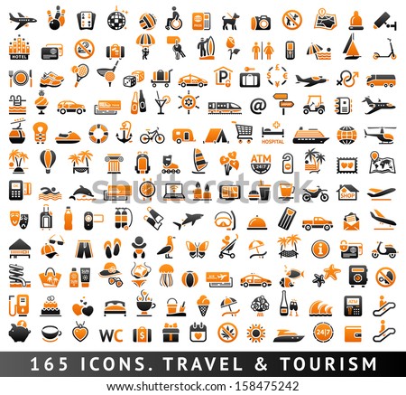 165 Bicolor (Orange And Gray) Icons. Travel And Tourism