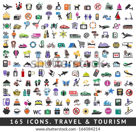 165 Colors Icons. Travel And Tourism, Vector Illustrations