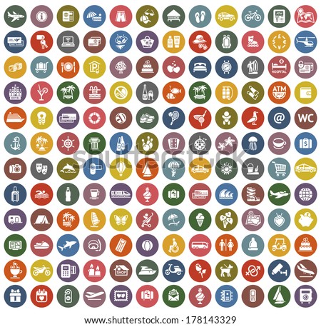 144 Tourism icons set. Sport, Travel symbols with retro colors. Vector illustration