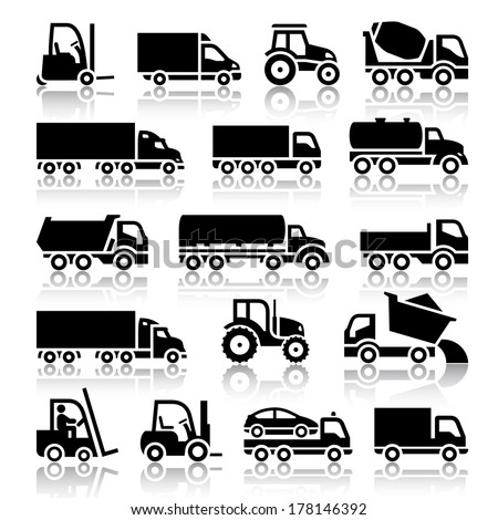 Set of truck black icons. Vector illustrations, silhouettes isolated on white background