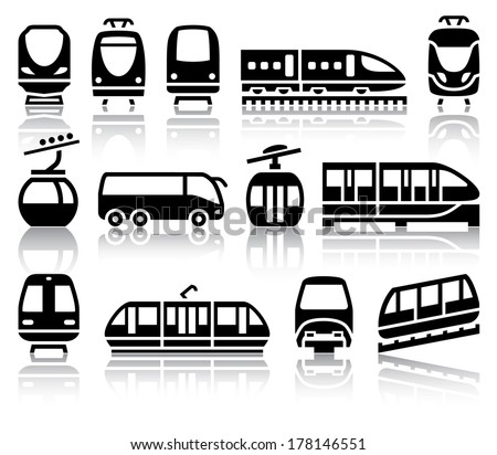 Passenger and public transport black icons with reflection, vector illustrations