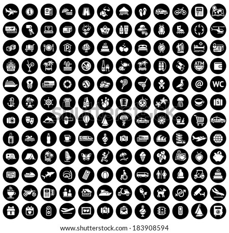 Tourism, Recreation & Vacation, 144 icons set. Sport, Travel with reflection, vector illustration on black buttons