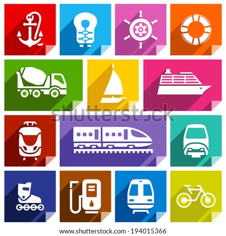 Transport flat icons with shadow stickers square shapes bright colors Set 01 Transport flat icons with shadow stickers square shapes bright colors Set 01