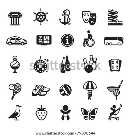 Signs. Vacation, Travel & Recreation. Fourth set icons in black