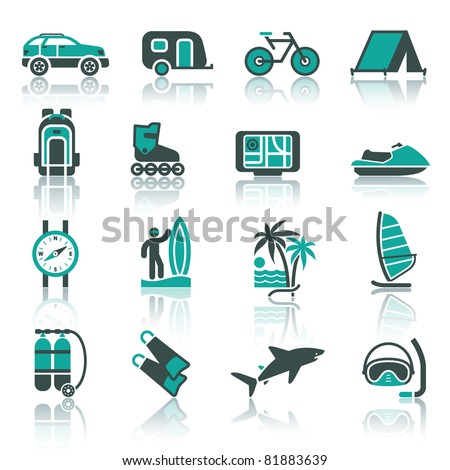 Vacation, Travel & Recreation. icons set. Sport, Tourism with reflection.