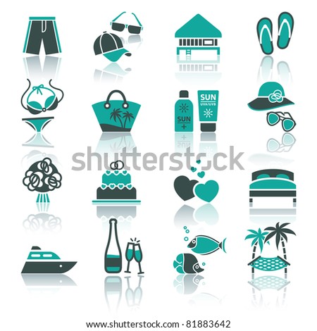 Recreation, Vacation & Travel. icons set. Tourism, Sport with reflection.
