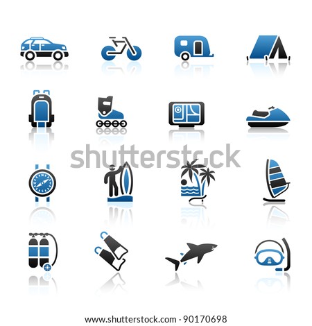 Vacation, Recreation & Travel, icons set. Sport, Tourism with reflection