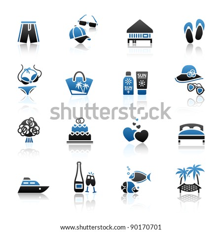 Vacation, Travel & Recreation, icons set. Tourism, Sport with reflection.