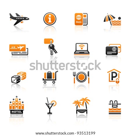 Recreation, Travel & Vacation, icons set. Sport, Tourism with reflection