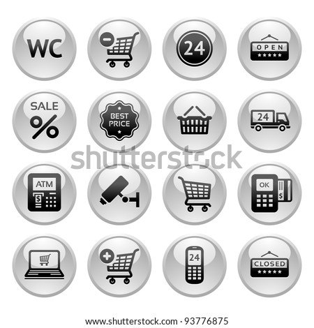 Set pictogram supermarket services Shopping Icons Gray round buttons Set pictogram supermarket services Shopping Icons Gray round buttons