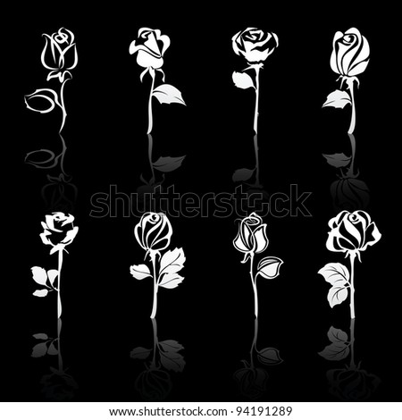 Icon set of flowers Roses with reflections, on black background