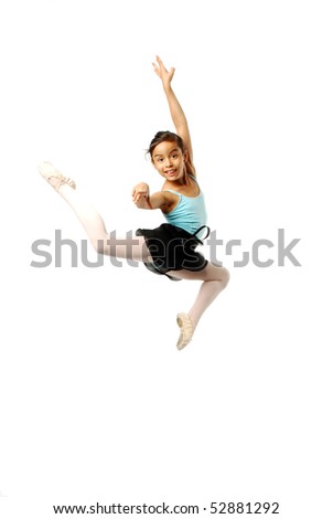 Young Ballerina leaping on white background