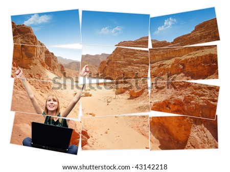 Collage of the mountain scenery with the girl working on laptop.