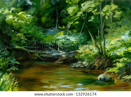 rivulet in thick forest, oil painting sketch - stock photo