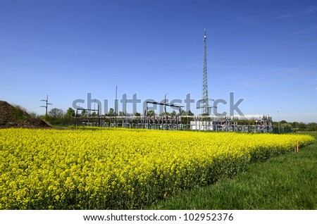 Austria, small transformer station behind flowering rapefield